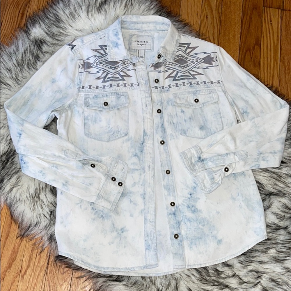 Forever 21 100% Cotton Acid Wash Denim Western Inspired Long Sleeve Shirt S